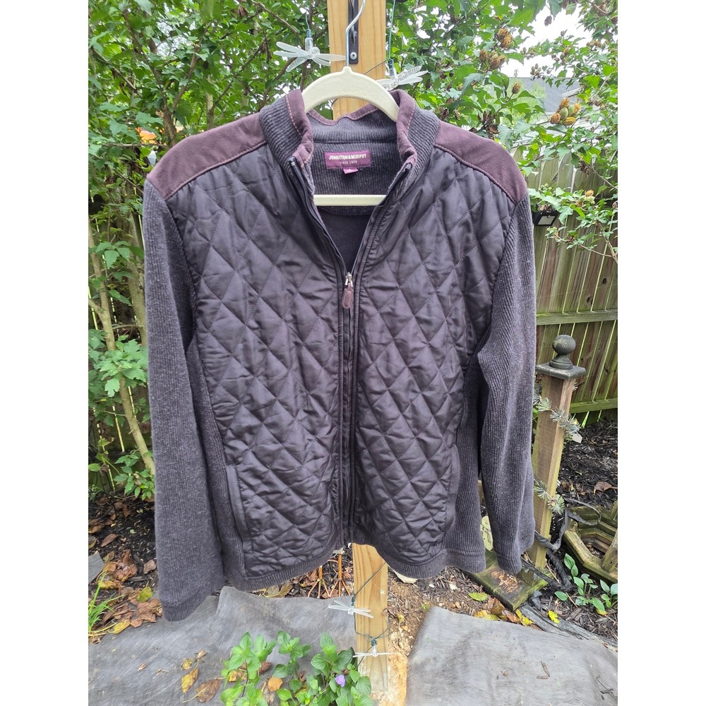 Johnston & Murphy Mens Large Brown Quilted Mixed Media Full Zip Ribbed Sweater